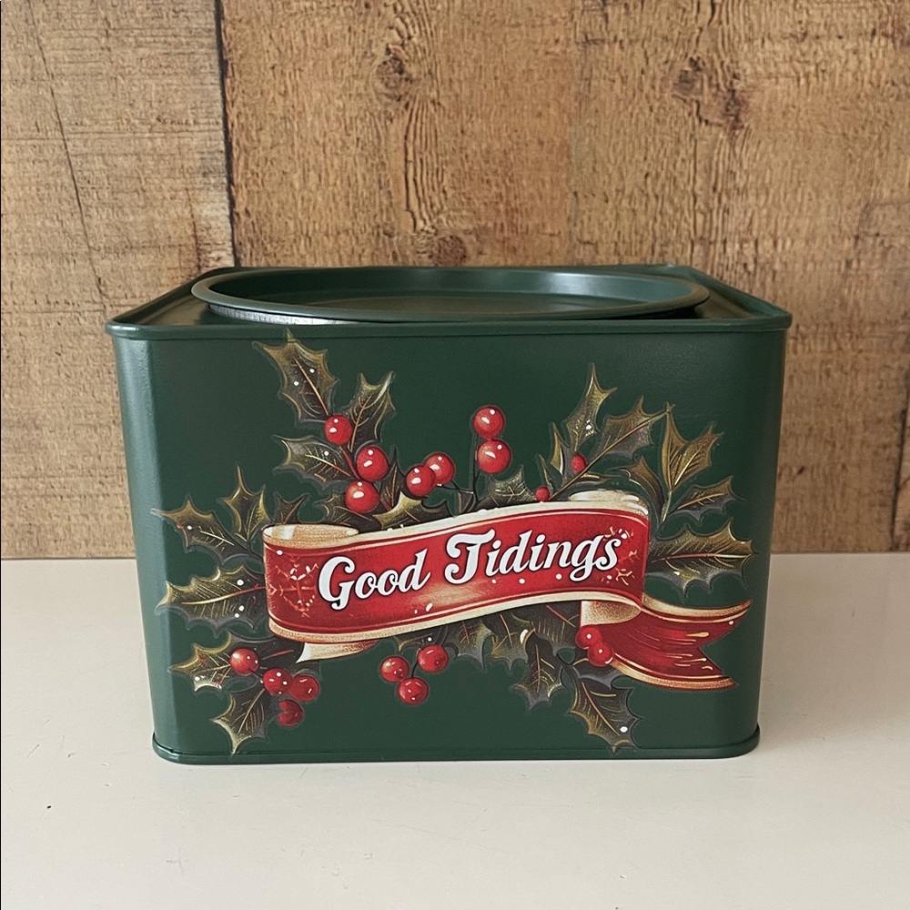 Festive Green 'Good Tidings' Large Holiday Tin/Riser